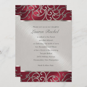 Invitation Bat mitzvah élégant rouge et argent Filigree