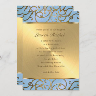 Invitation Bat mitzvah élégant Sky Blue et Gold Filigree