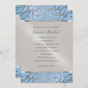 Invitation Bat mitzvah élégant Sky Blue et Silver Filigree