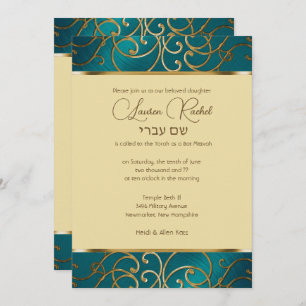 Invitation Bat mitzvah élégant Turquoise bleu et or Filigree