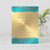 Invitation Bat mitzvah Elegant Turquoise Blue Gold Filigree (Debout devant)