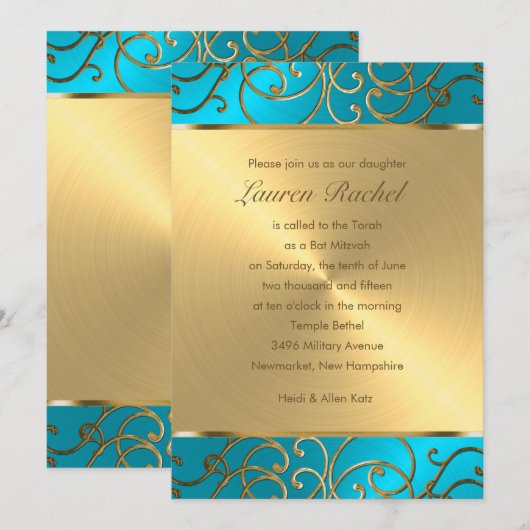 Invitation Bat mitzvah Elegant Turquoise Blue Gold Filigree (Devant / Derrière)