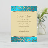 Invitation Bat mitzvah Elegant Turquoise Blue Gold Filigree (Debout devant)