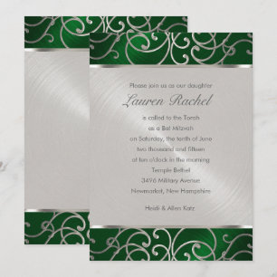Invitation Bat mitzvah Élégant vert émeraude Filigree argenté