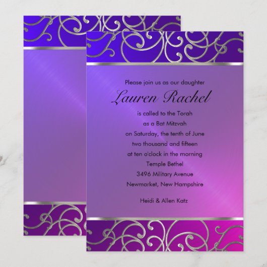 Invitation Bat mitzvah élégant violet rose violet argent Fili (Devant / Derrière)