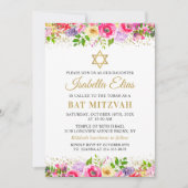 Invitation Bat mitzvah élégante Pink Gold Floral (Devant)