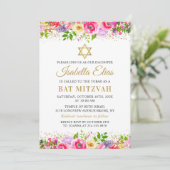 Invitation Bat mitzvah élégante Pink Gold Floral (Debout devant)