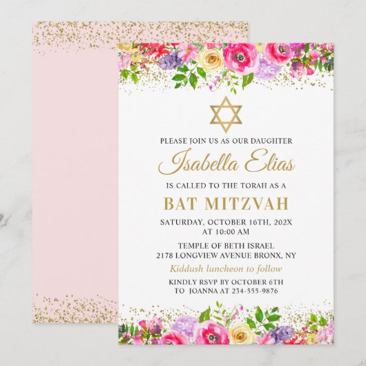 Invitation Bat mitzvah élégante Pink Gold Floral (Devant / Derrière)