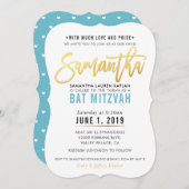 Invitation BAT MITZVAH en or bleu turquoise script SAMANTHA (Devant / Derrière)