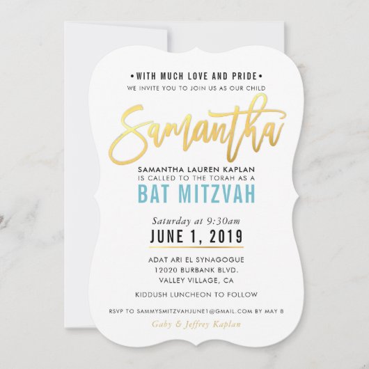 Invitation BAT MITZVAH en or bleu turquoise script SAMANTHA (Devant)