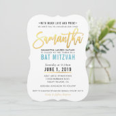 Invitation BAT MITZVAH en or bleu turquoise script SAMANTHA (Debout devant)