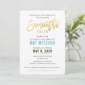 Invitation BAT MITZVAH en or bleu turquoise script SAMANTHA (Debout devant)