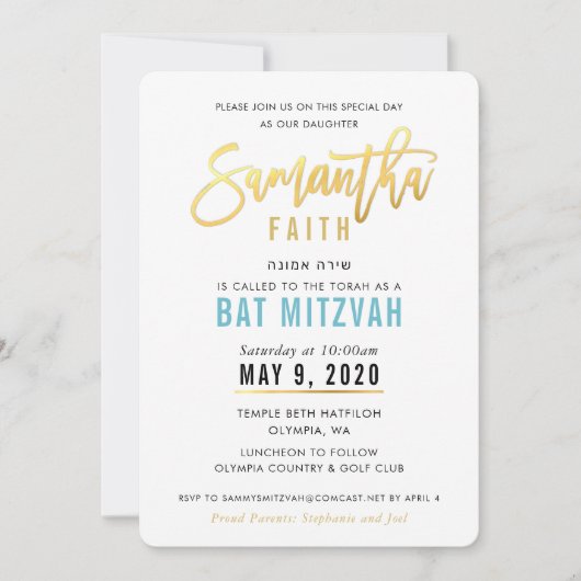 Invitation BAT MITZVAH en or bleu turquoise script SAMANTHA (Devant)