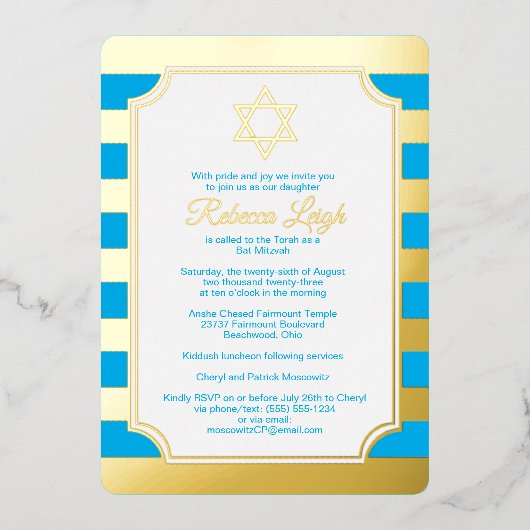 Invitation Bat mitzvah étoile rayé bleu, or (Recto)