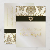 Invitation Bat mitzvah+Faux Gold Damask/black+perle (Devant / Derrière)