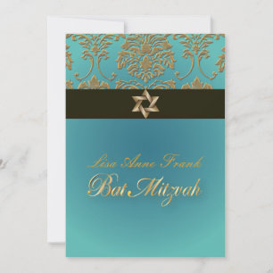 Invitation Bat mitzvah+Faux Gold Damask/noir+aqua