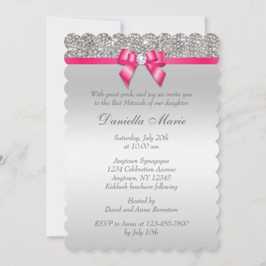 Invitation Bat mitzvah Faux Silver Sequins Hot Pink Bow (Dos)