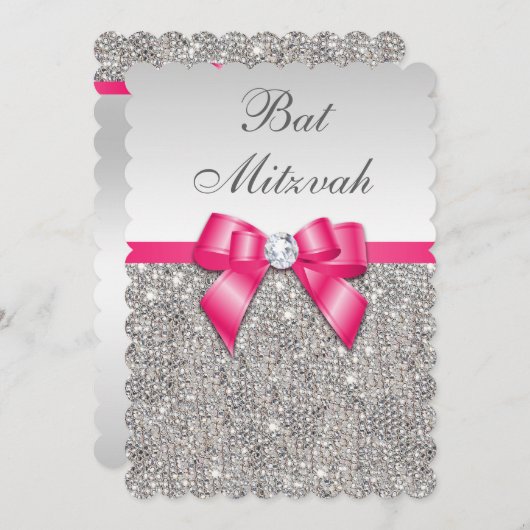 Invitation Bat mitzvah Faux Silver Sequins Hot Pink Bow (Devant / Derrière)