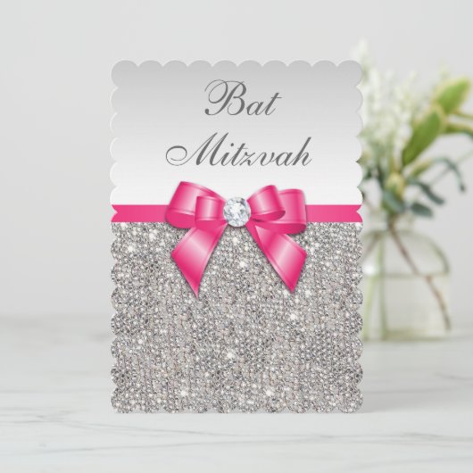 Invitation Bat mitzvah Faux Silver Sequins Hot Pink Bow (Debout devant)