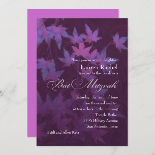 Invitation Bat mitzvah Feuille violet (Devant / Derrière)