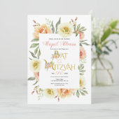 Invitation Bat mitzvah fleuri à fleurs d'aquarelle de pêche (Debout devant)