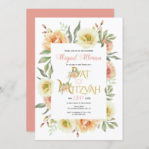 Invitation Bat mitzvah fleuri à fleurs d'aquarelle de pêche