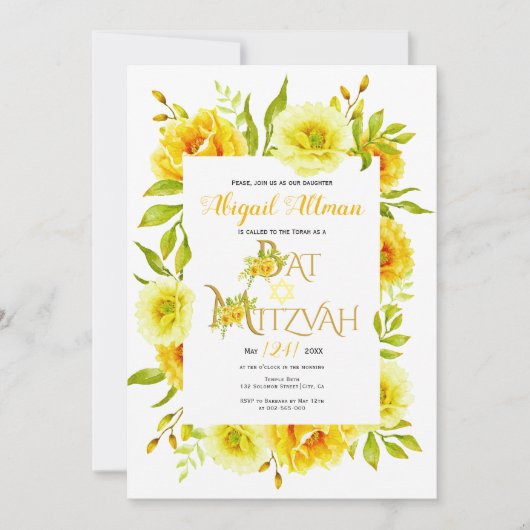 Invitation Bat mitzvah fleuri à fleurs d'aquarelle jaune (Devant)