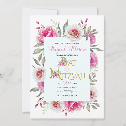 Invitation Bat mitzvah fleuri à l'eau rose chaud (Devant)