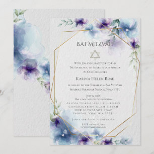 Invitation BAT MITZVAH Floral aquarelle bleu et violet 2