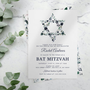 Invitation Bat mitzvah Floral Bleu