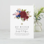 Invitation Bat mitzvah floral bleu Bourgogne enchanté (Debout devant)