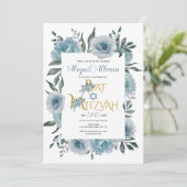 Invitation Bat mitzvah floral bleu-duvet (Debout devant)