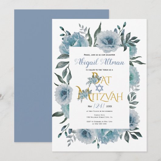 Invitation Bat mitzvah floral bleu-duvet (Devant / Derrière)