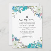 Invitation Bat mitzvah floral bleu et turquoise (Devant)