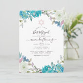 Invitation Bat mitzvah floral bleu et turquoise (Debout devant)