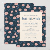 Invitation Bat mitzvah floral bleu rose de la marine moderne (Devant / Derrière)