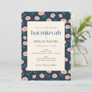 Invitation Bat mitzvah floral bleu rose de la marine moderne