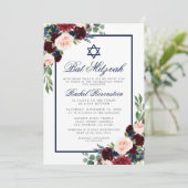 Invitation Bat mitzvah Floral Bourgogne Bleu Argent Invitatio (Debout devant)