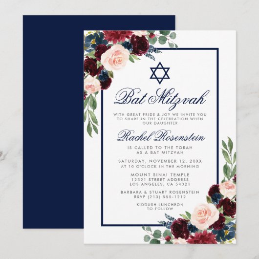 Invitation Bat mitzvah Floral Bourgogne Bleu Argent Invitatio (Devant / Derrière)