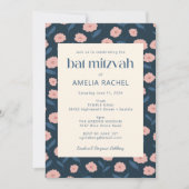 Invitation Bat mitzvah floral de la marine moderne bleu rose (Devant)
