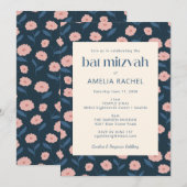 Invitation Bat mitzvah floral de la marine moderne bleu rose (Devant / Derrière)