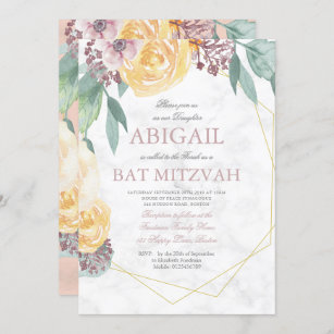 Invitation Bat mitzvah Floral géométrique Élégant marbre rose
