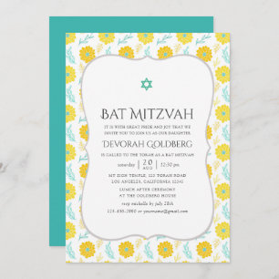 Invitation Bat mitzvah floral jaune et Turquoise