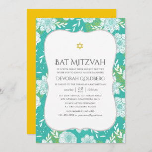 Invitation Bat mitzvah floral jaune et Turquoise
