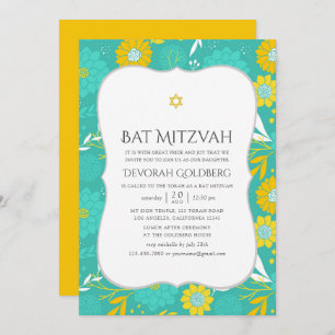 Invitation Bat mitzvah floral jaune et Turquoise