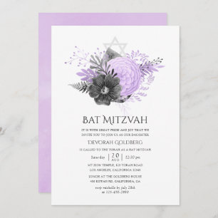Invitation Bat mitzvah floral Lilac et charbon de bois