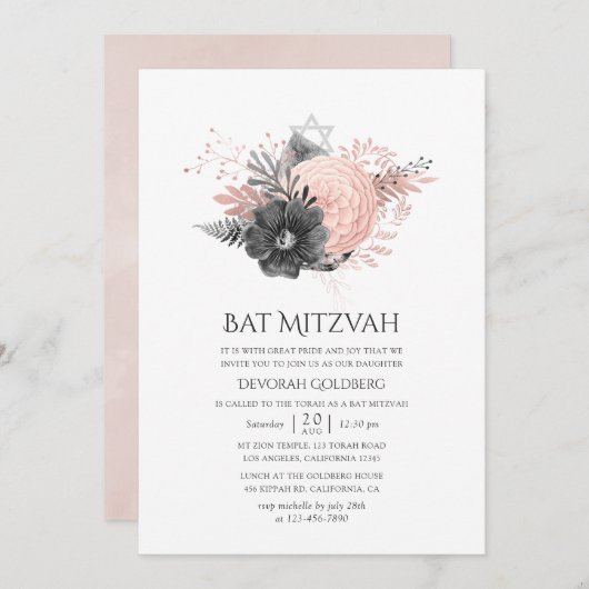 Invitation Bat mitzvah floral Pastel Blush Rose et Charcoal (Devant / Derrière)