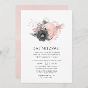 Invitation Bat mitzvah floral Pastel Blush Rose et Charcoal