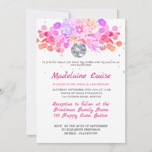 Invitation bat mitzvah Floral Pink Disco Ball (Devant)