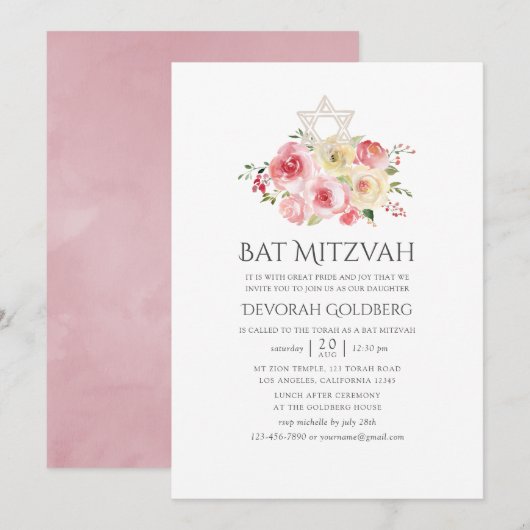 Invitation Bat mitzvah floral rose et jaune (Devant / Derrière)